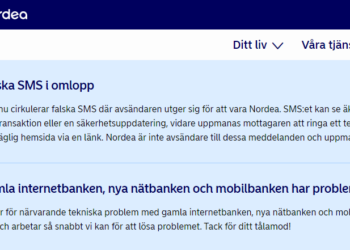 Nordeas driftstörningsmeddelande