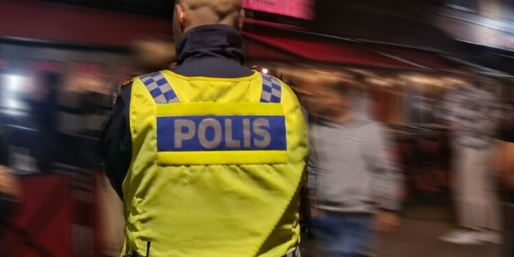 Polismans ryggtavla i nattlivsmiljö.
