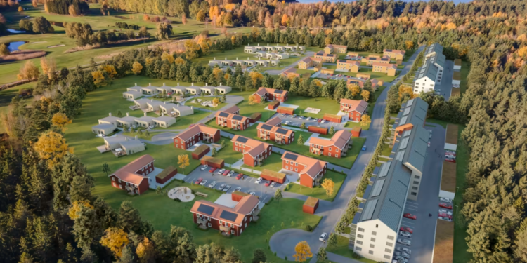Visionsbild över hur det nya bostadsområdet i närheten av Mariestads golfbana kan se ut. - Pressbild