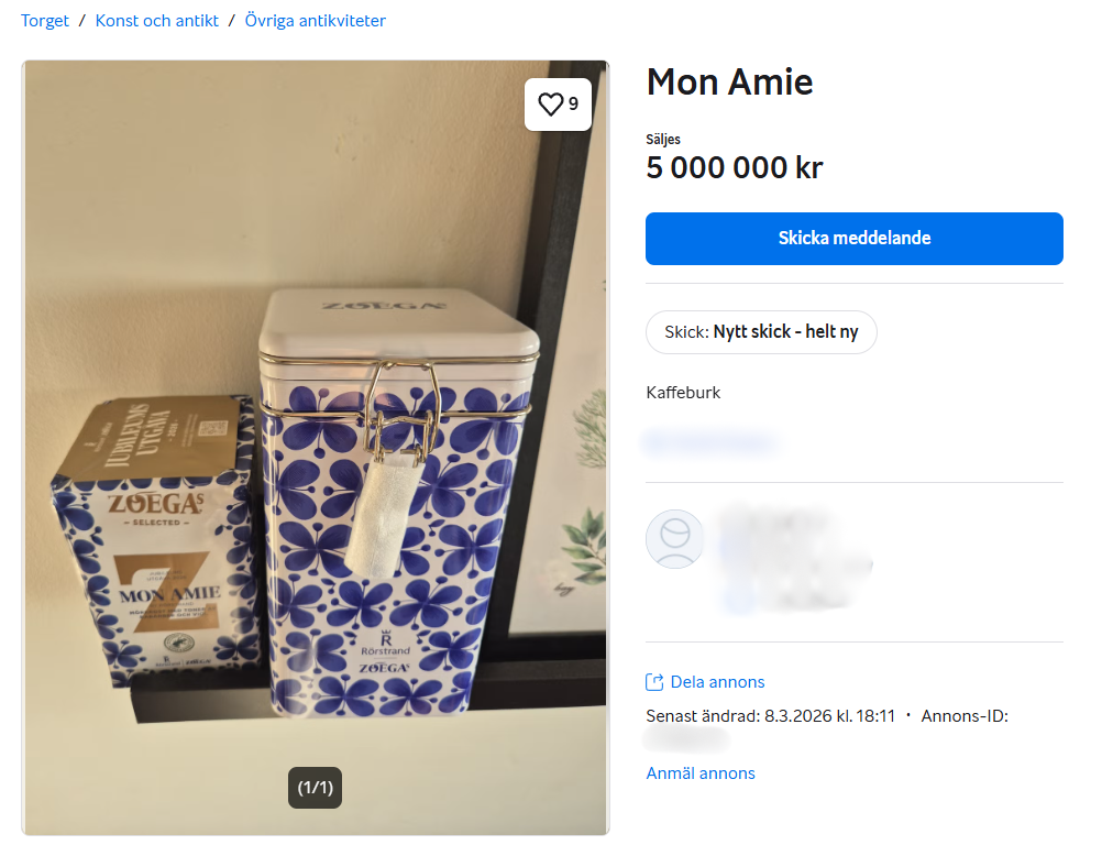 Blocket annons för Zoégas/Rörstrands kaffeburk.